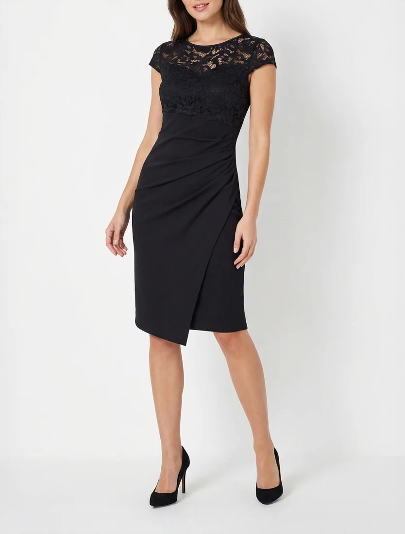 Robe ajustée à dentelle et drapé - Noir - Image 4