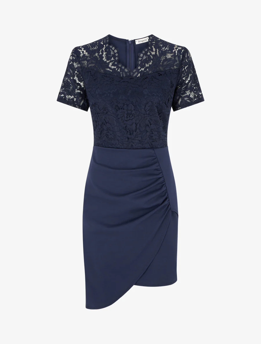 Robe ajustée à manches courtes et dentelle - Marine