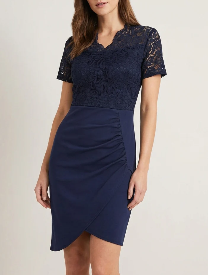 Robe ajustée à manches courtes et dentelle - Marine - Image 4