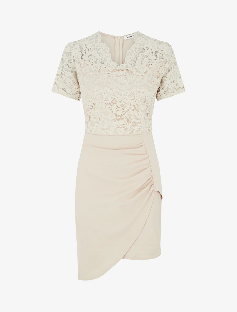 Robe ajustée à manches courtes et dentelle - Beige