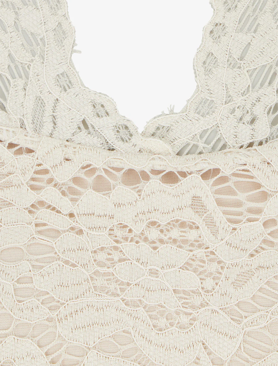 Robe ajustée à manches courtes et dentelle - Beige - Image 3
