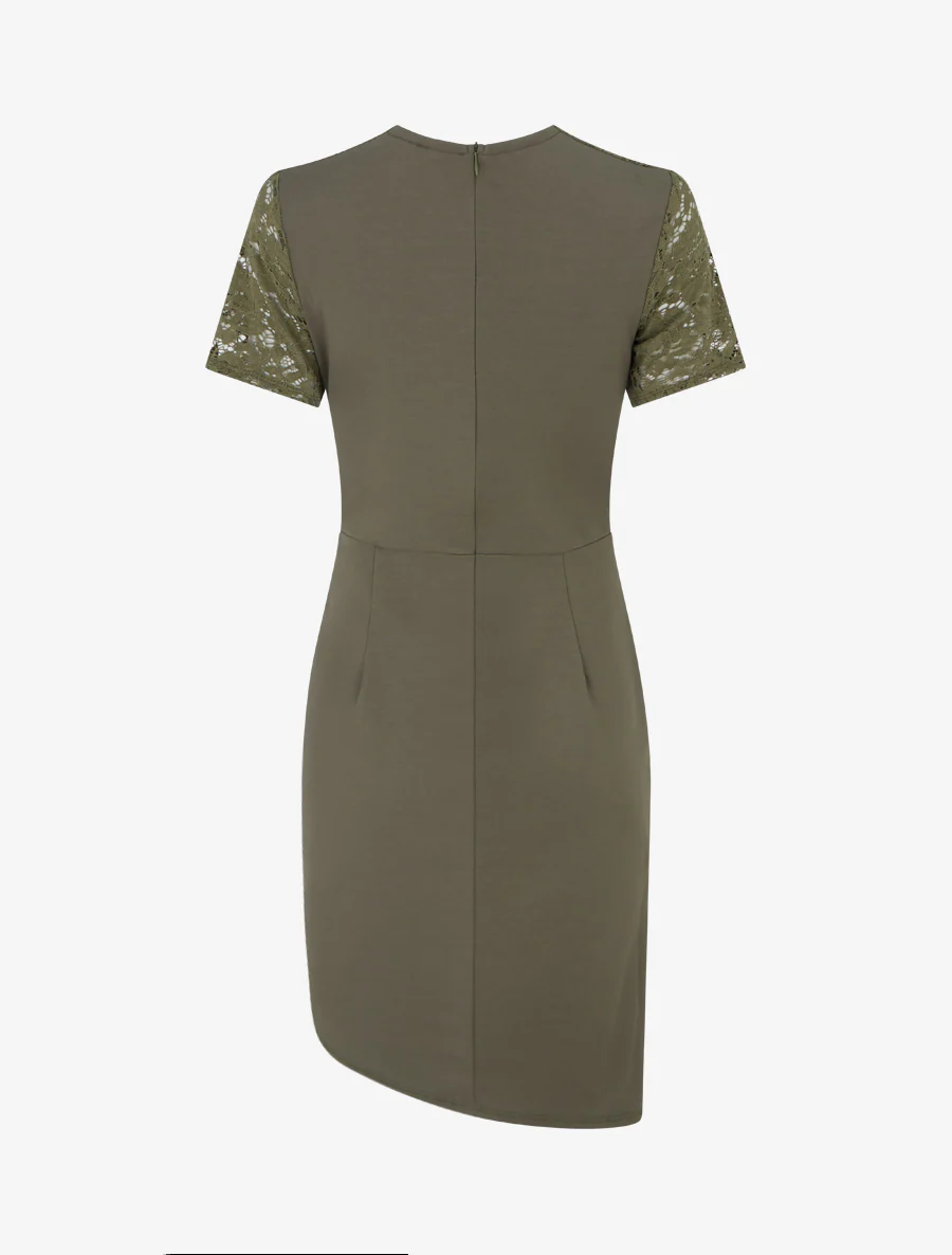 Robe ajustée à manches courtes et dentelle - Kaki - Image 2