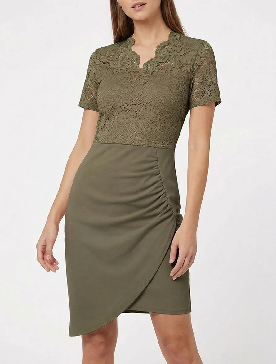 Robe ajustée à manches courtes et dentelle - Kaki - Image 4