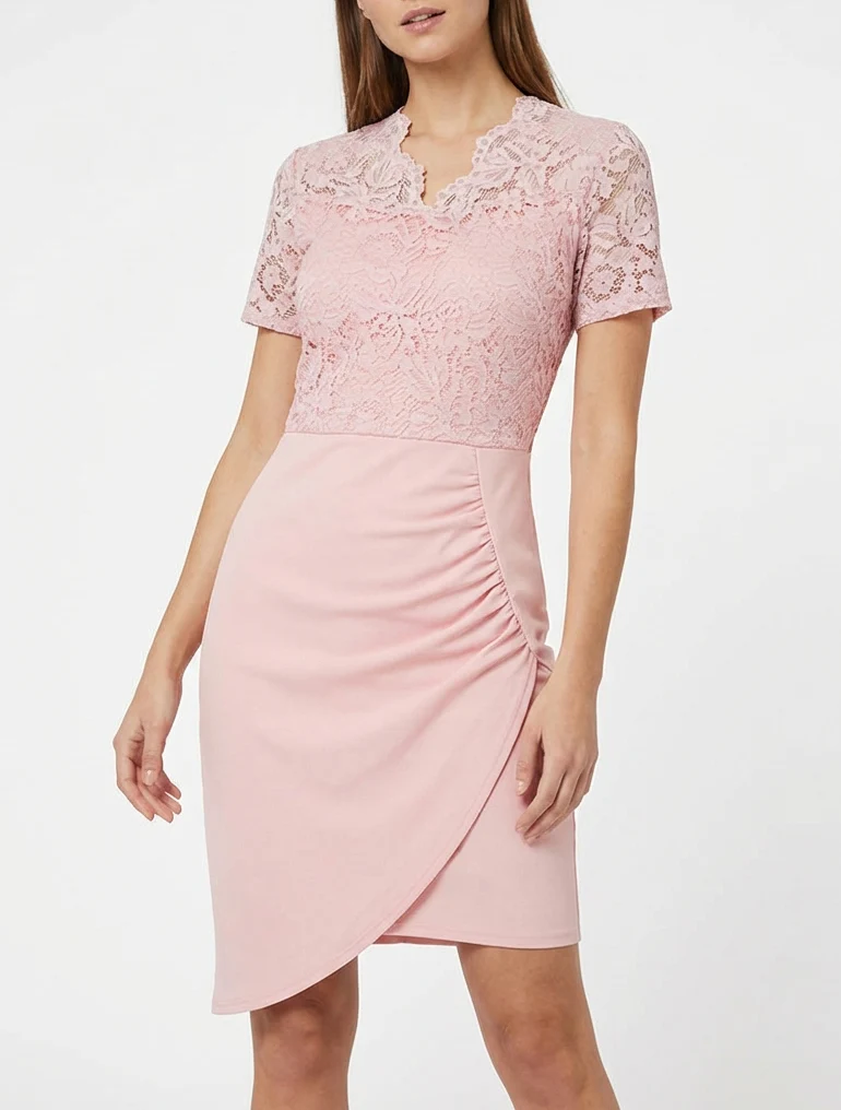 Robe ajustée à manches courtes et dentelle - Rose - Image 4