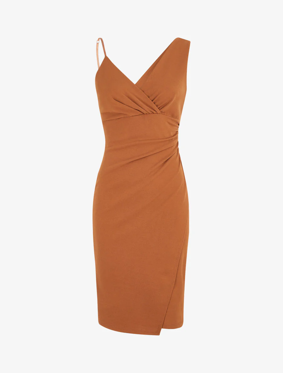 Robe ajustée portefeuille à bretelles asymétriques - Camel - Image 2