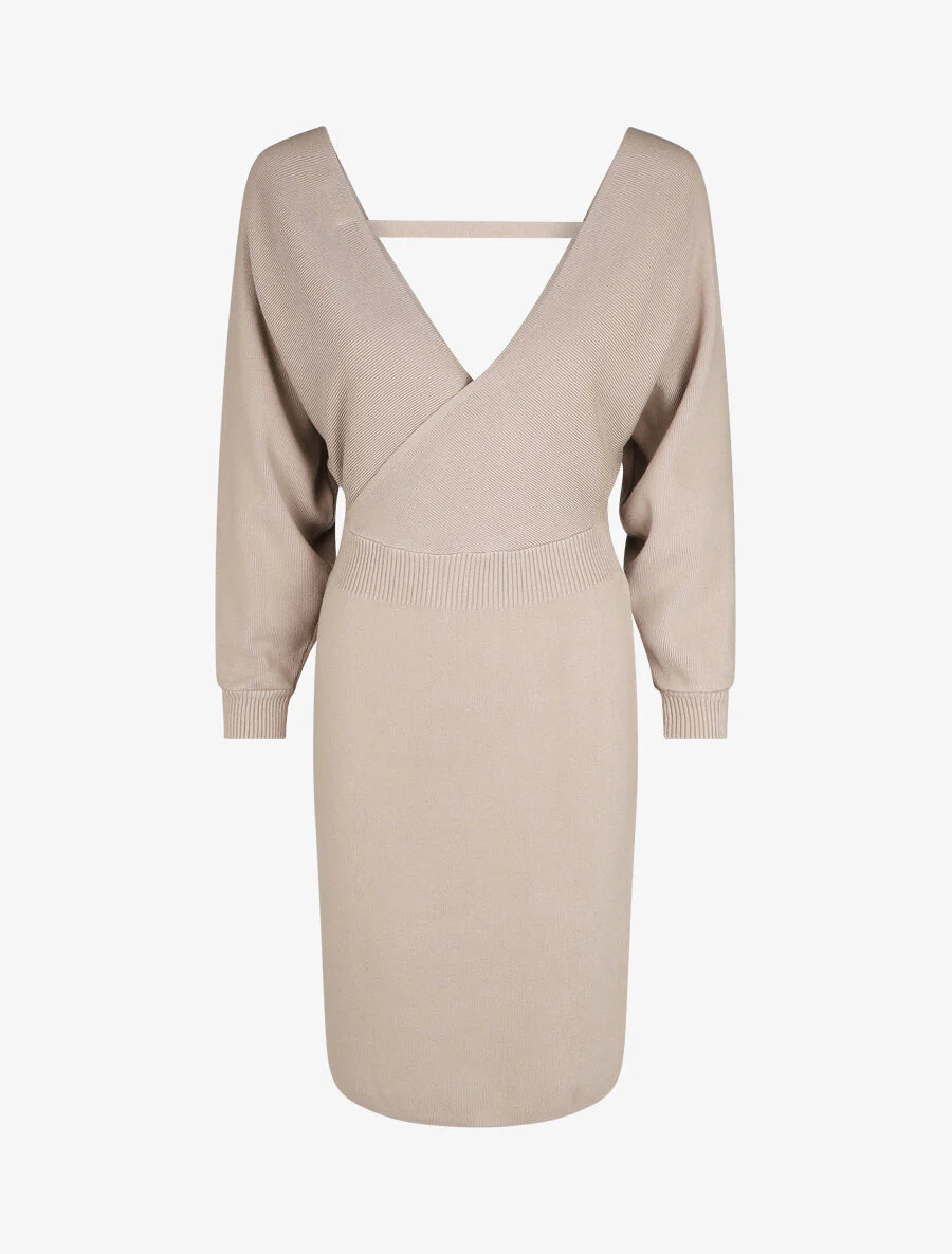 Robe ajustée unie col cache-coeur - Taupe