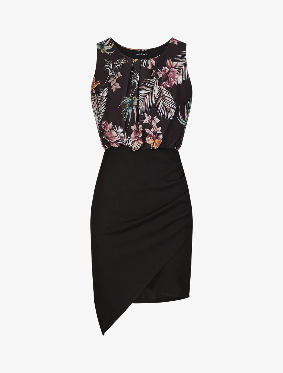Robe asymétrique à imprimé feuillages - Noir
