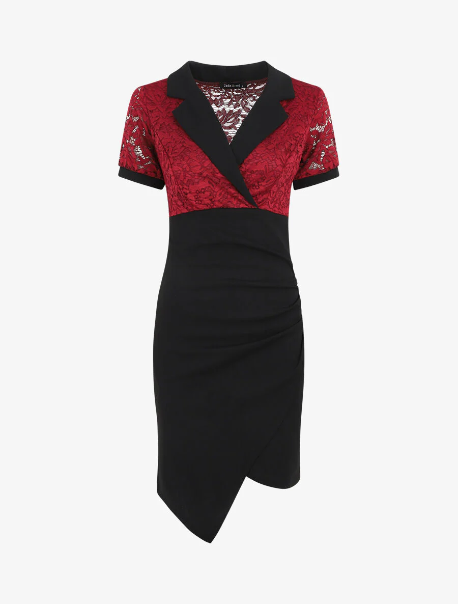 Robe bi-matière à base asymétrique - Rouge - Image 2