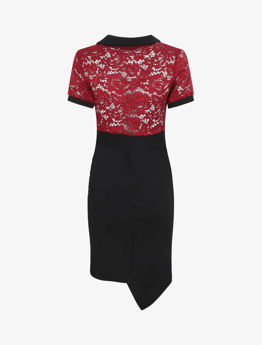 Robe bi-matière à base asymétrique - Rouge - Image 3