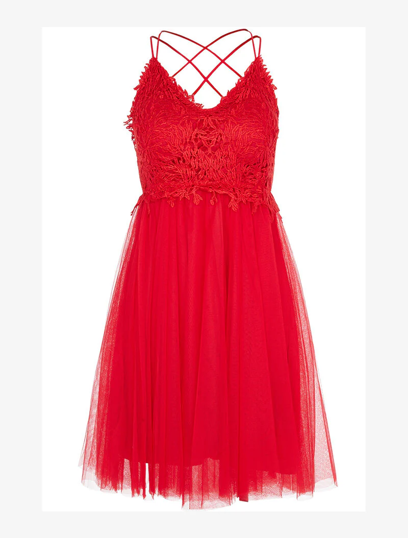 Robe bi matière à bretelles croisées - rouge