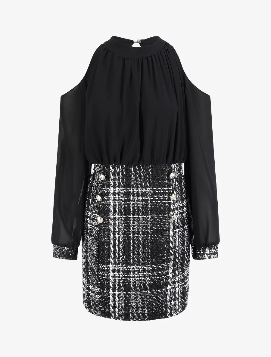 Robe bi-matière à épaules dénudées - Noir