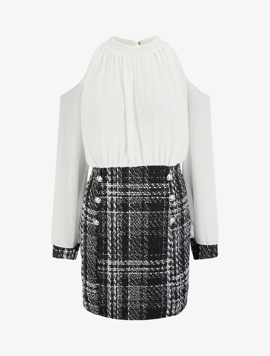Robe bi-matière à épaules dénudées - Blanc