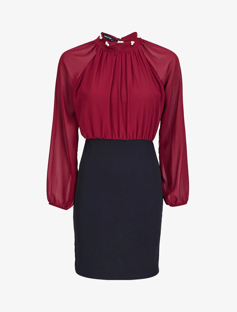 Robe bi-matière ornée de perles - Bordeaux/noir