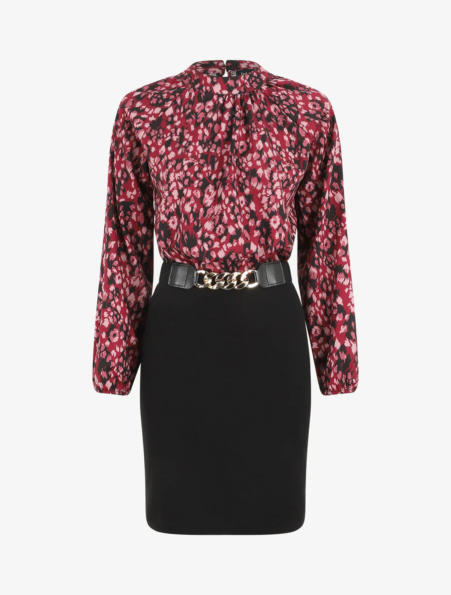 Robe bicolore à imprimé feuillage - Bordeaux