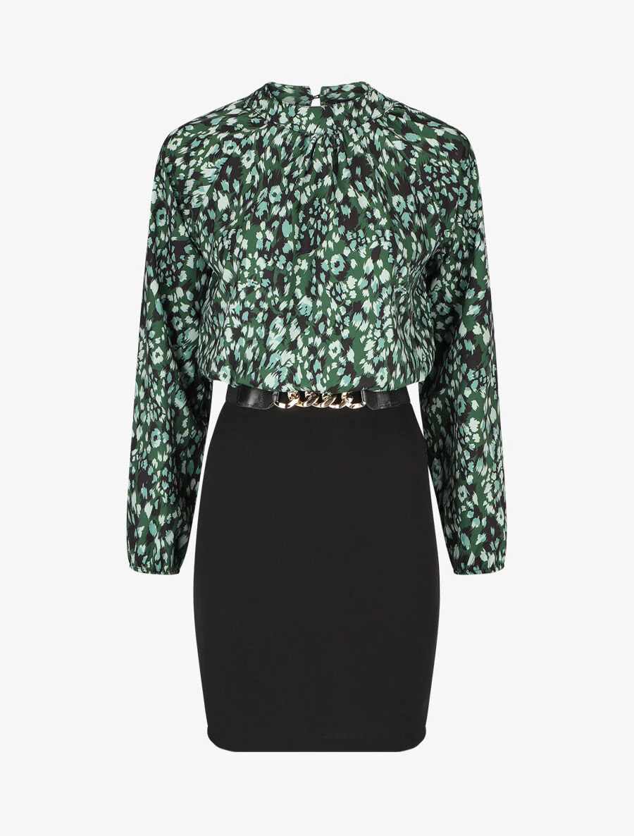 Robe bicolore à imprimé feuillage - Vert sapin