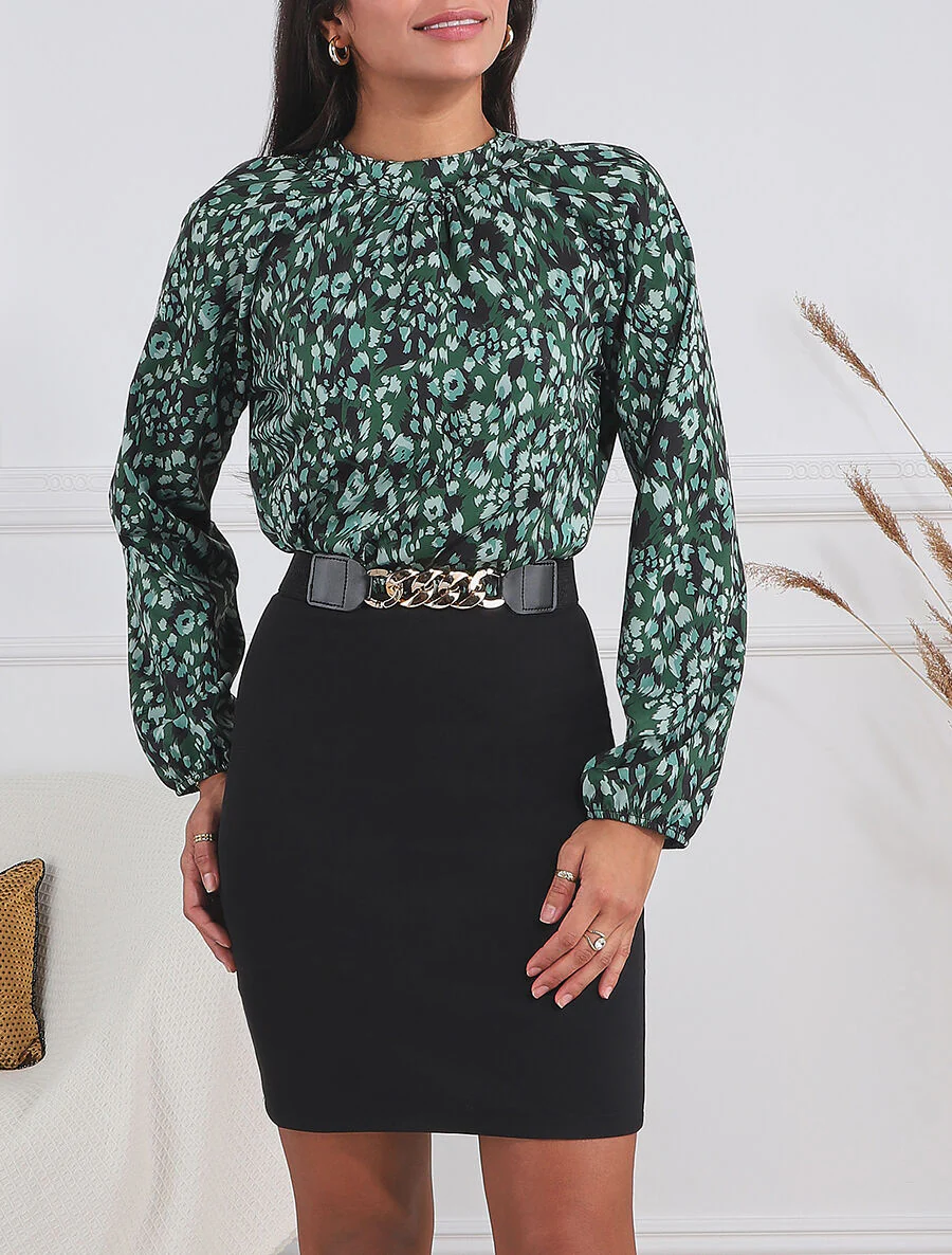 Robe bicolore à imprimé feuillage - Vert sapin - Image 4