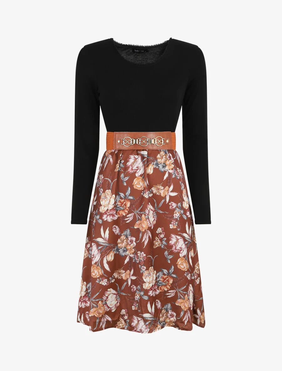 Robe bicolore à imprimé floral - Marron
