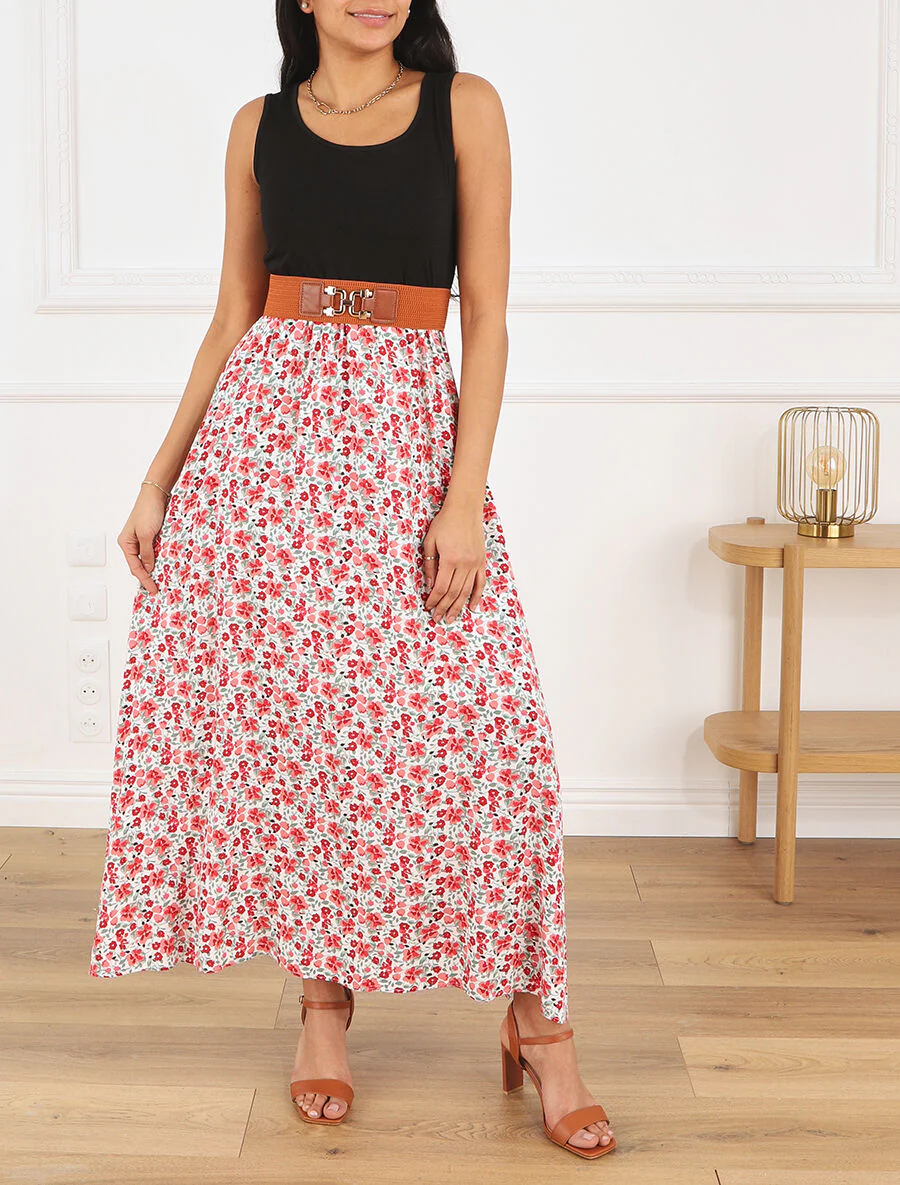 Robe bicolore à imprimé petites fleurs - Blanc - Image 4