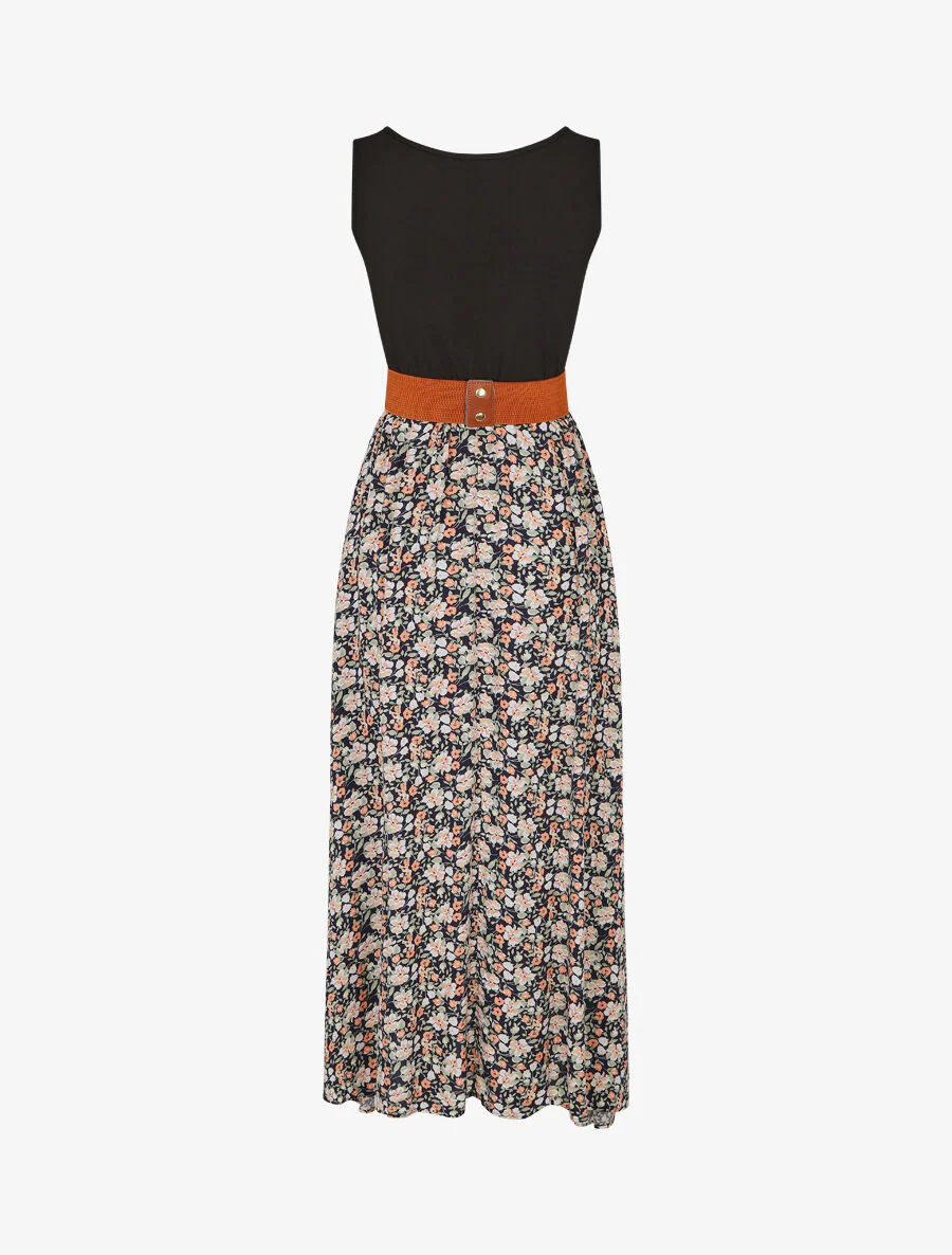 Robe bicolore à imprimé petites fleurs - Marine - Image 2
