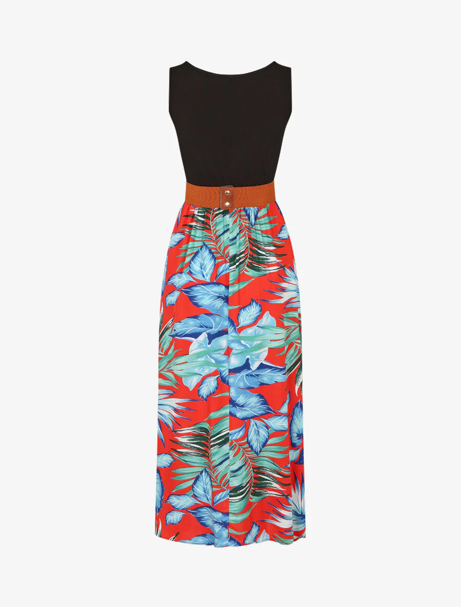 Robe bicolore à imprimé tropical - Rouge - Image 2