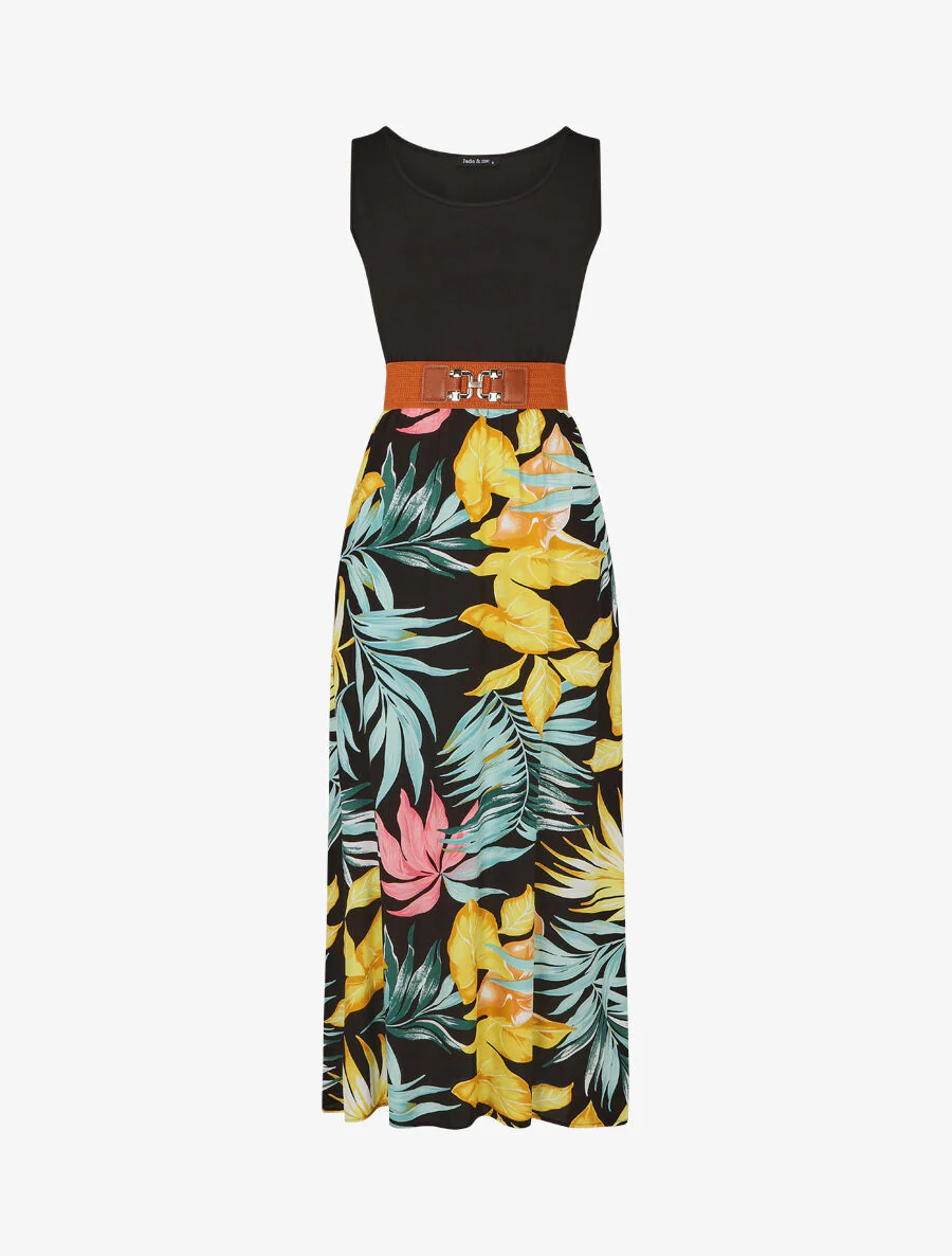 Robe bicolore à imprimé tropical - Noir