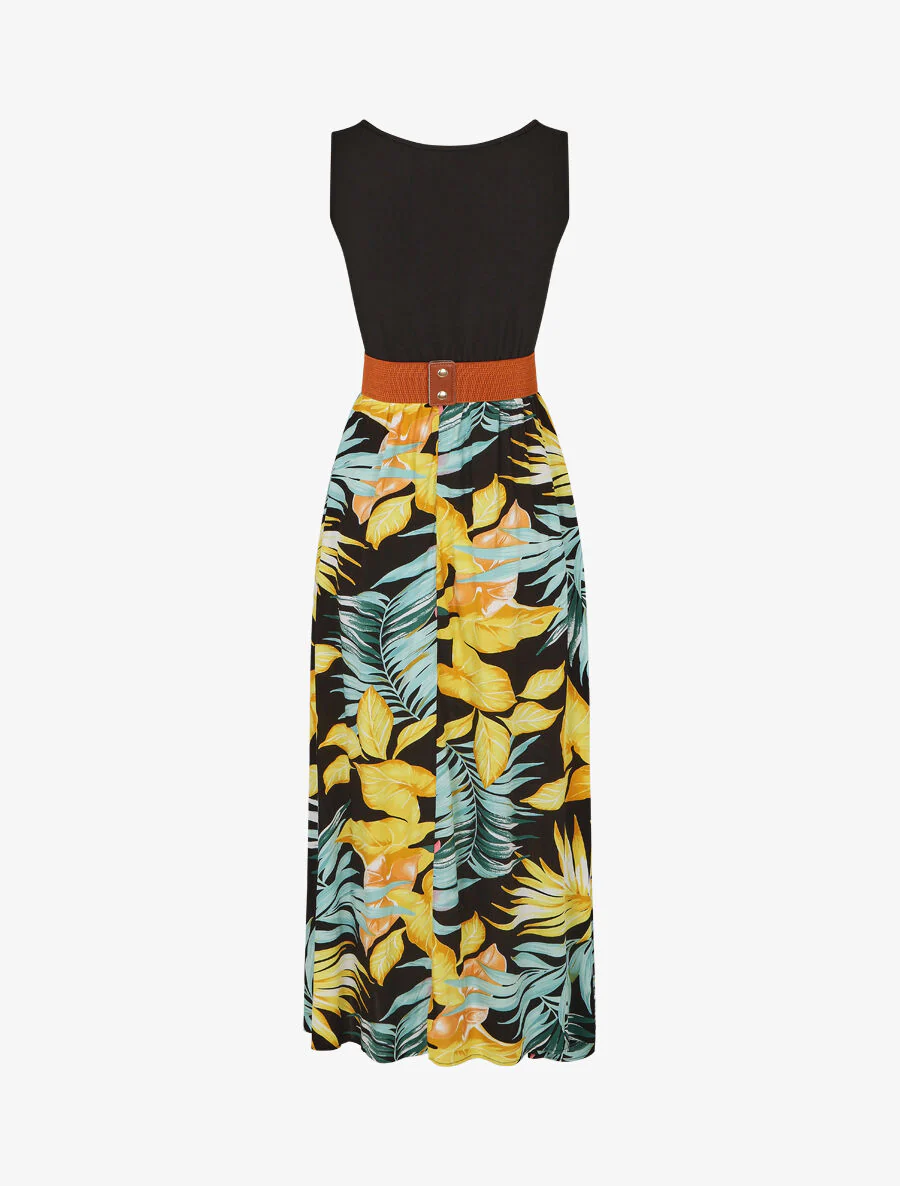 Robe bicolore à imprimé tropical - Noir - Image 2