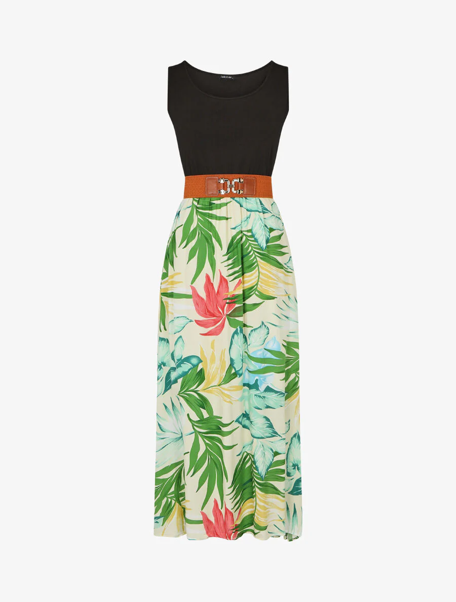Robe bicolore à imprimé tropical - Blanc