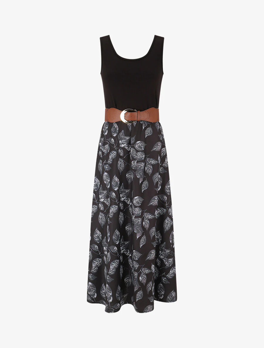Robe bicolore imprimé feuillage - Noir