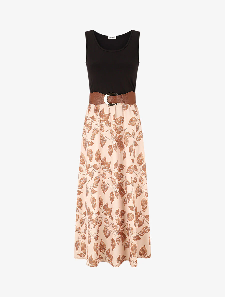 Robe bicolore imprimé feuillage - Camel