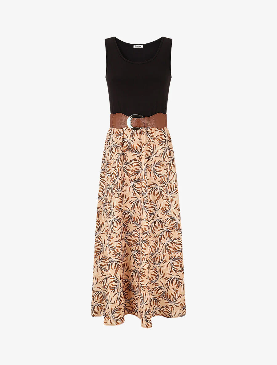 Robe bicolore imprimé floral - Marron