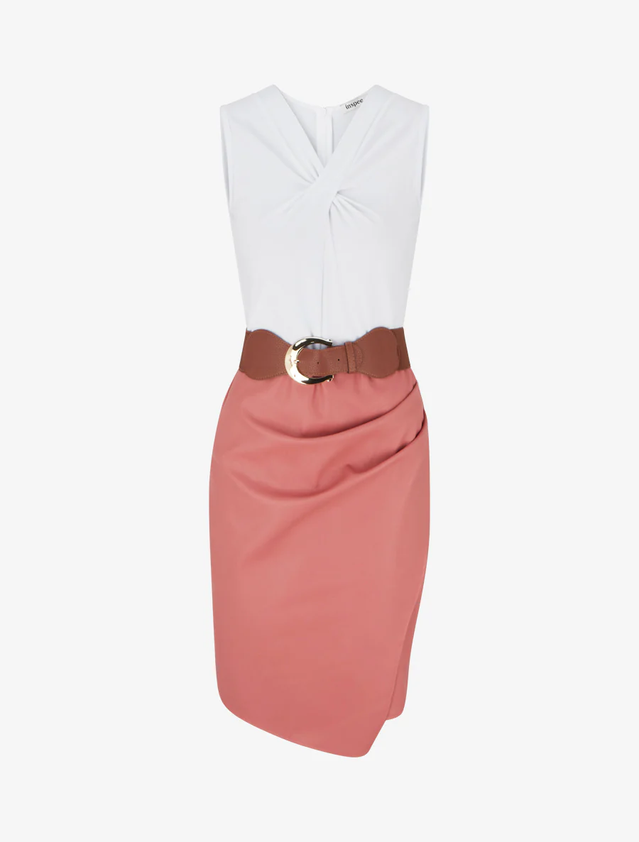Robe bimatière à col V - Rose saumon