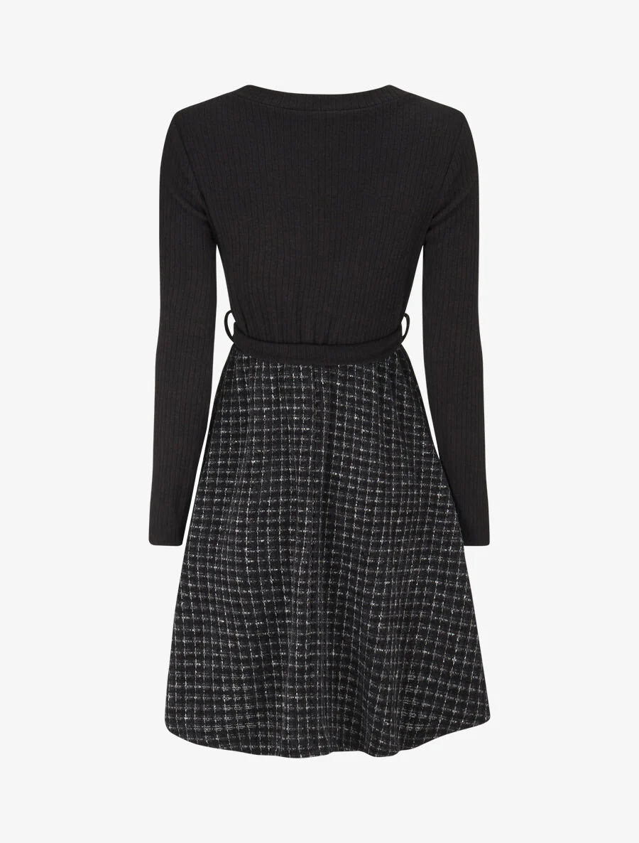 Robe bimatière à jupe imprimé carreaux - Noir - Image 2