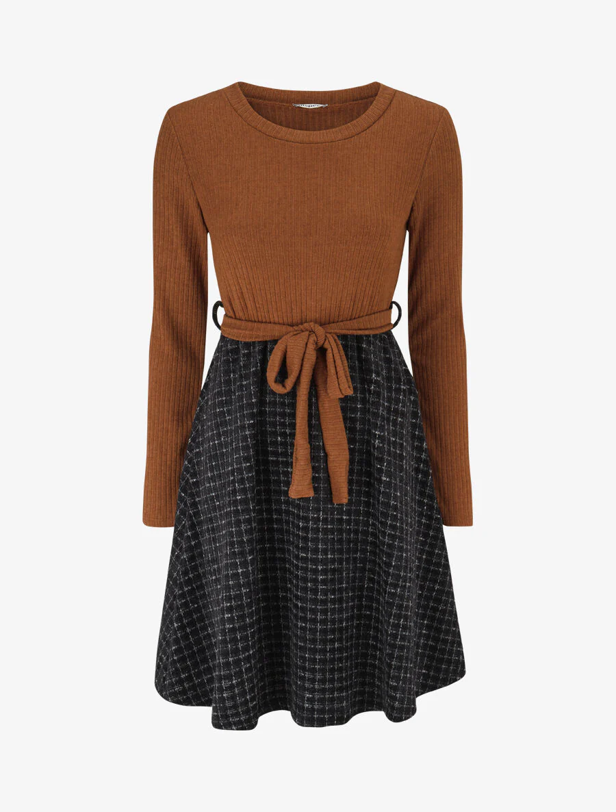 Robe bimatière à jupe imprimé carreaux - Camel