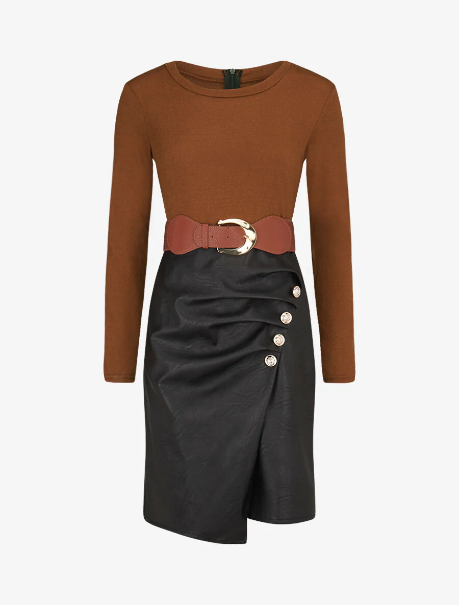 Robe bimatière jupe plissé à boutons - Camel