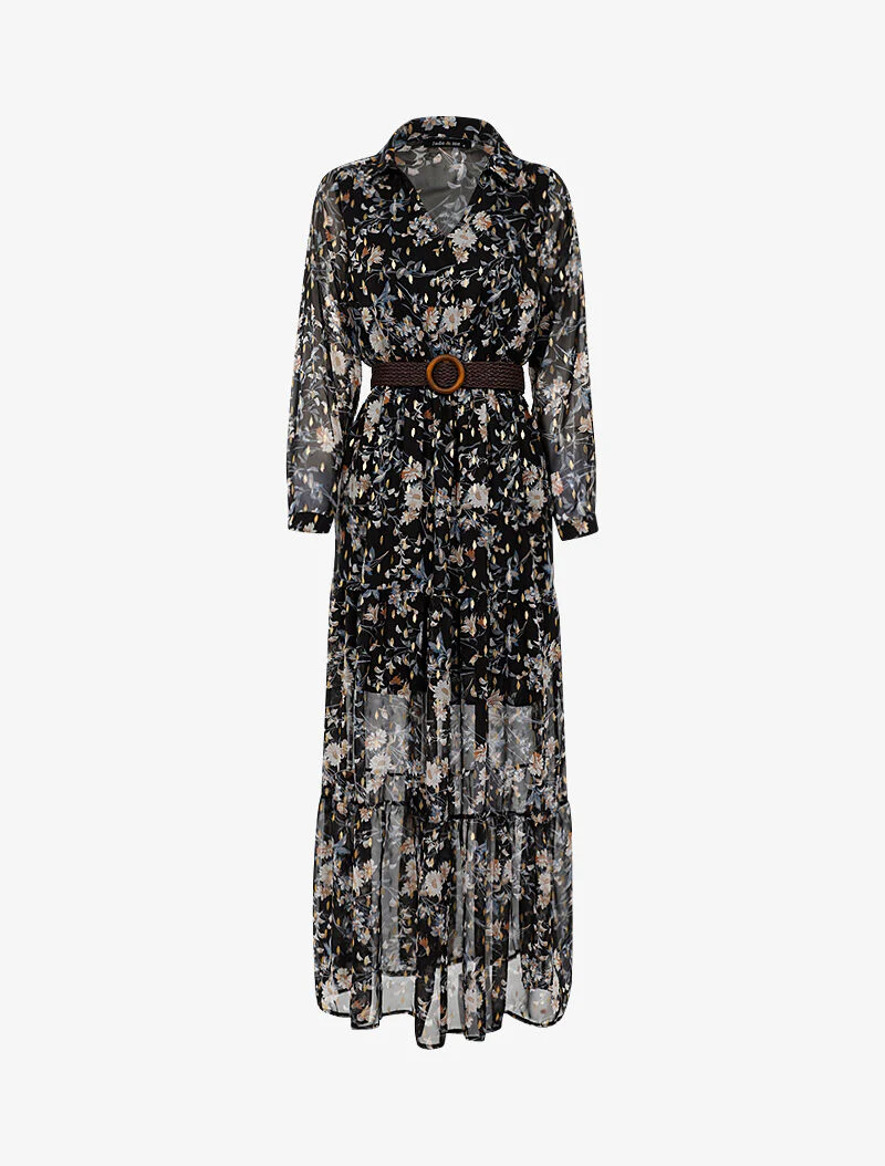 Robe bohème imprimé fleurs blanches - noir