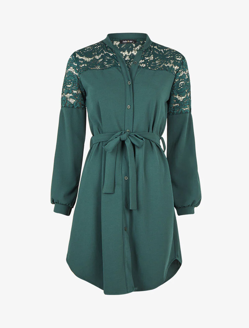 Robe boutonnée à col mao et épaules à dentelle - Vert sapin