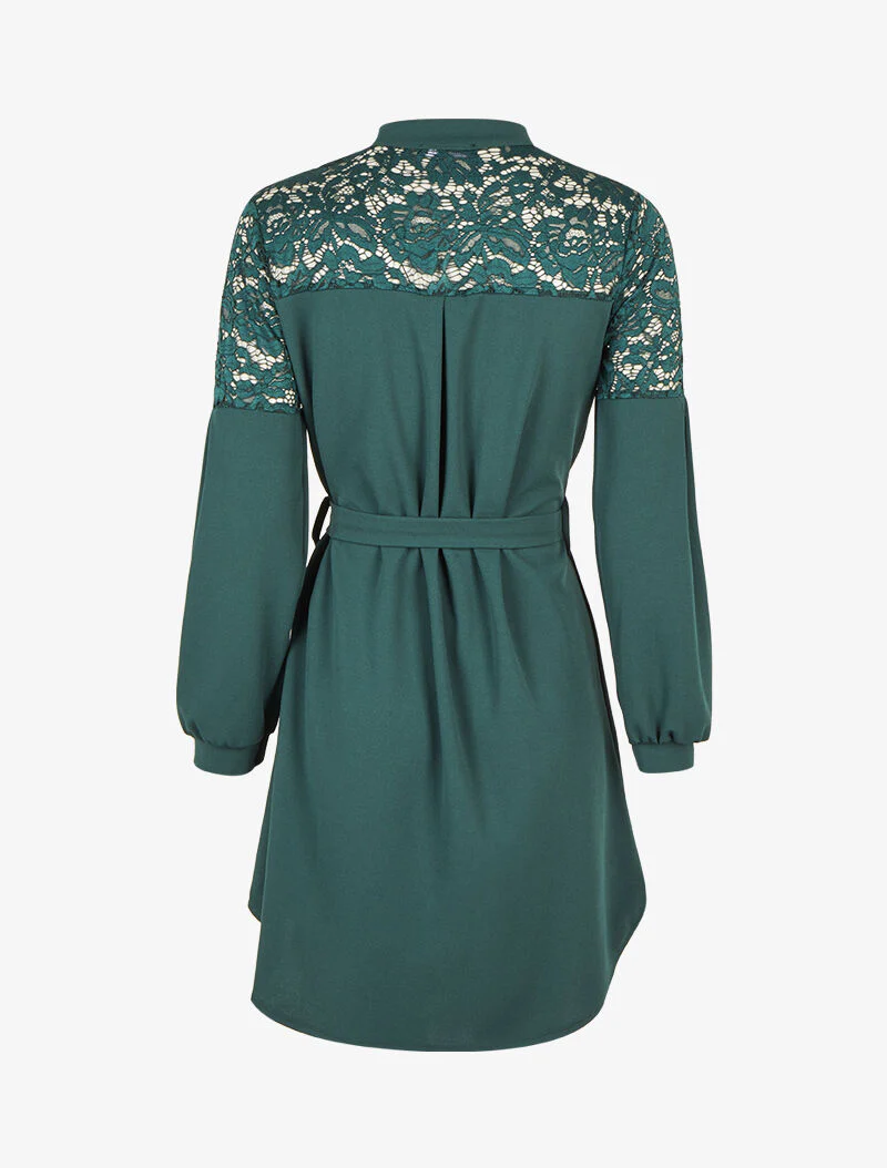Robe boutonnée à col mao et épaules à dentelle - Vert sapin - Image 2
