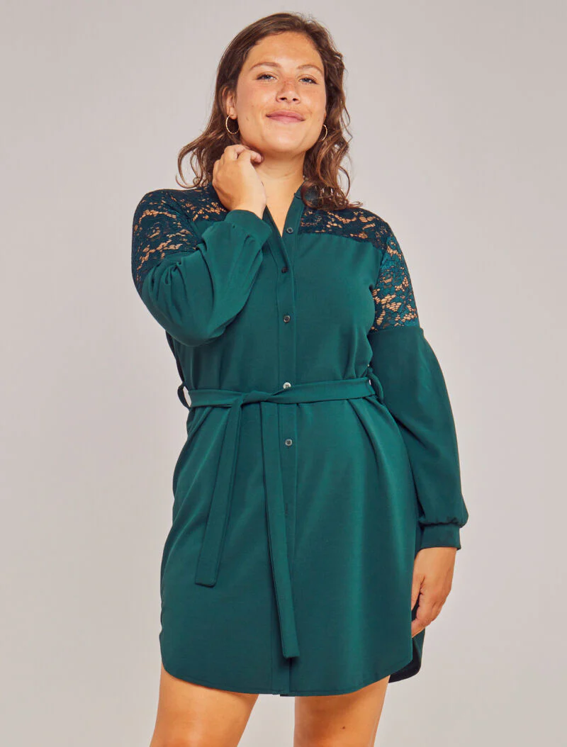 Robe boutonnée à col mao et épaules à dentelle - Vert sapin - Image 3