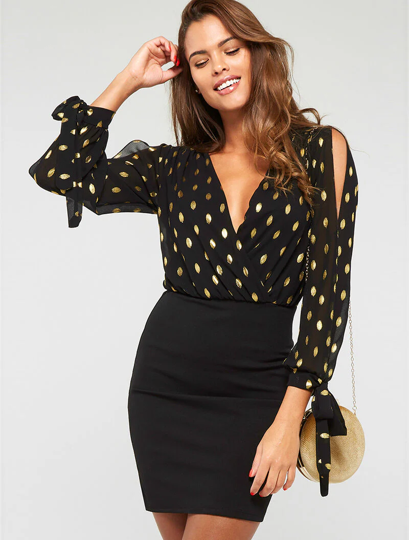 Robe cache-coeur à flocage doré - noir