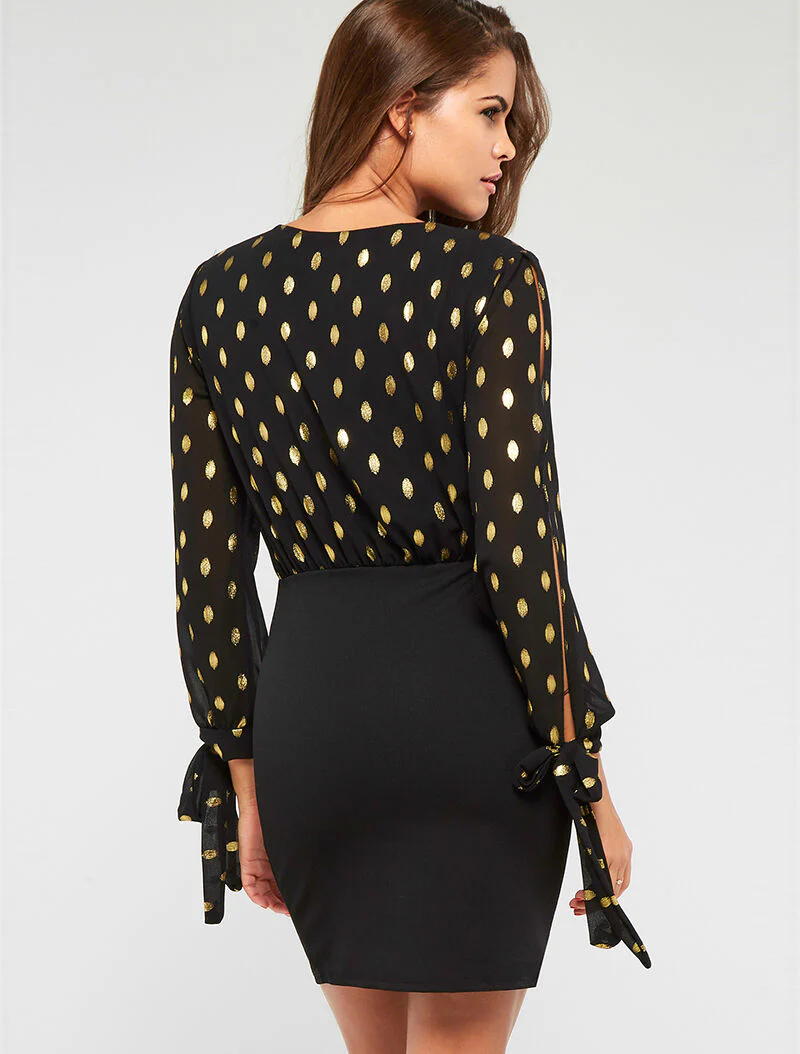 Robe cache-coeur à flocage doré - noir - Image 3