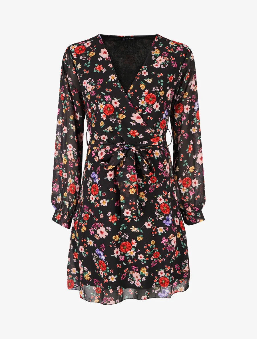 Robe cache-coeur à imprimé fleuri - Noir