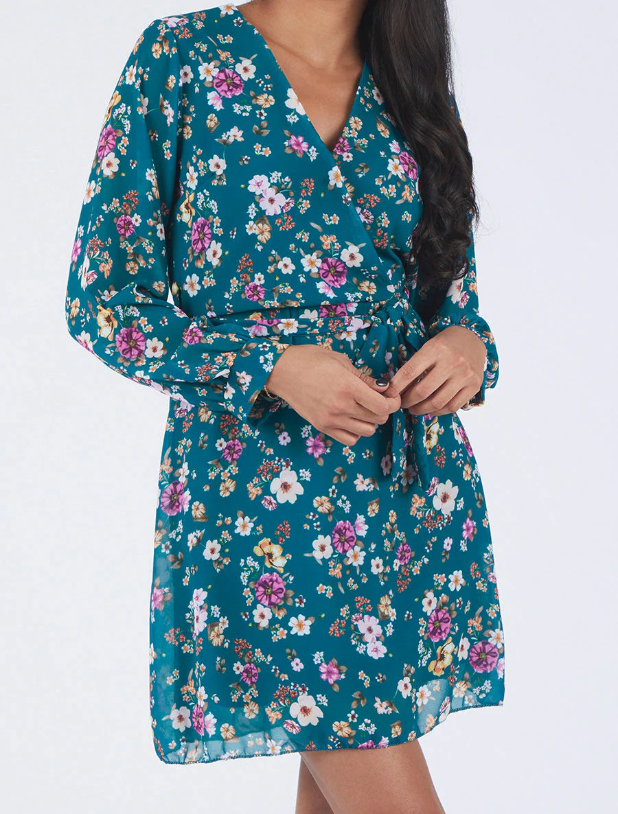 Robe cache-coeur à imprimé fleuri - Bleu canard - Image 4