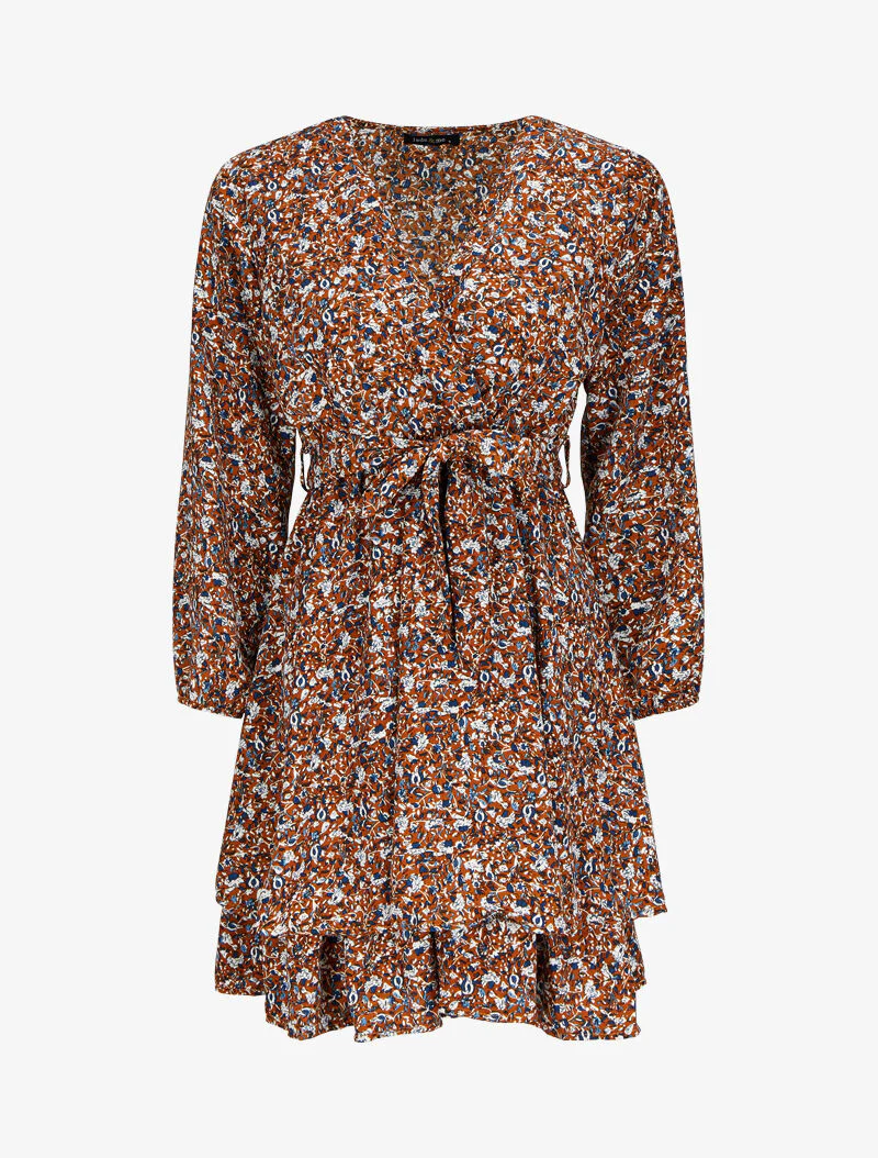 Robe cache-coeur à imprimé floral - Camel