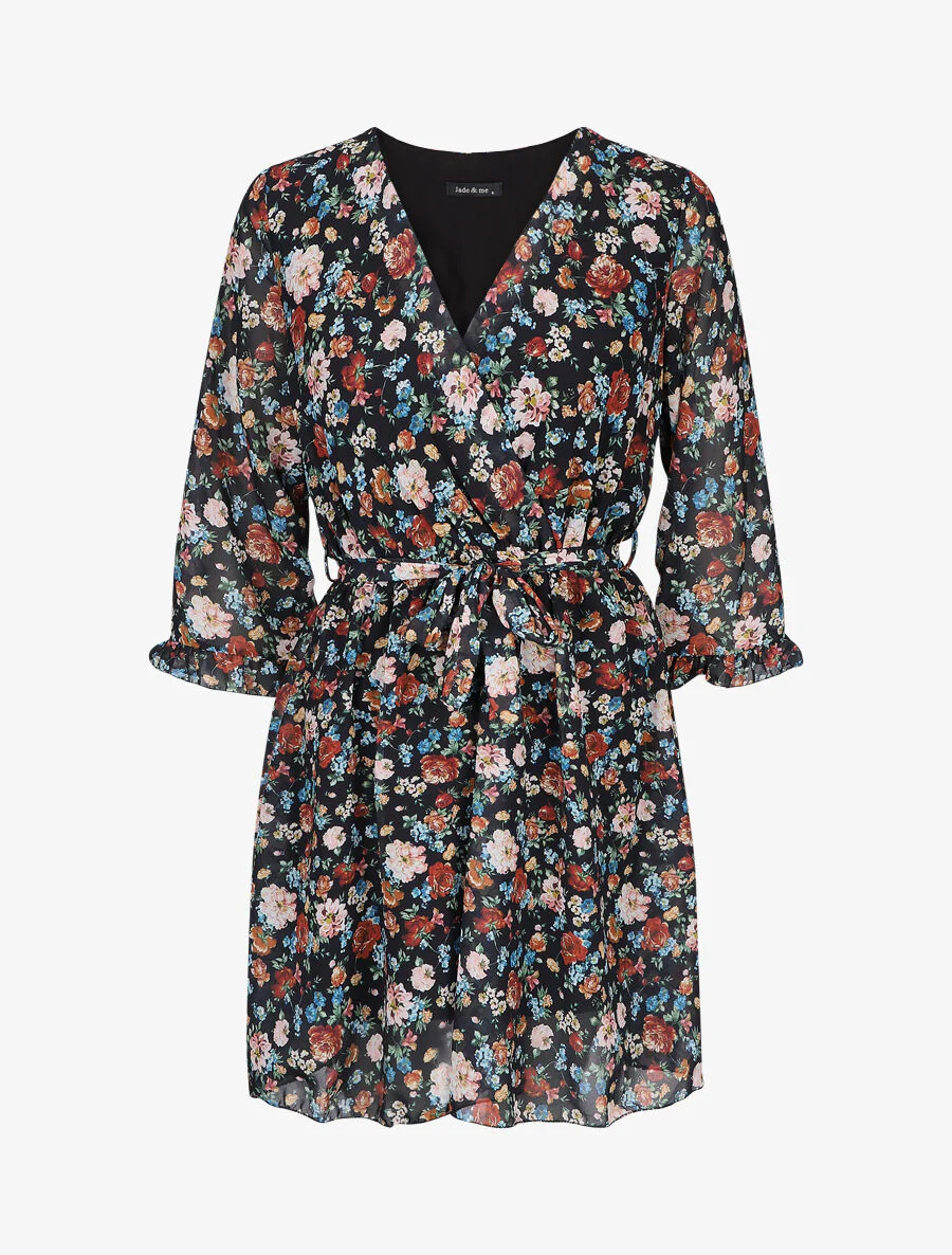 Robe cache-coeur à manches transparentes imprimé fleuri - Noir