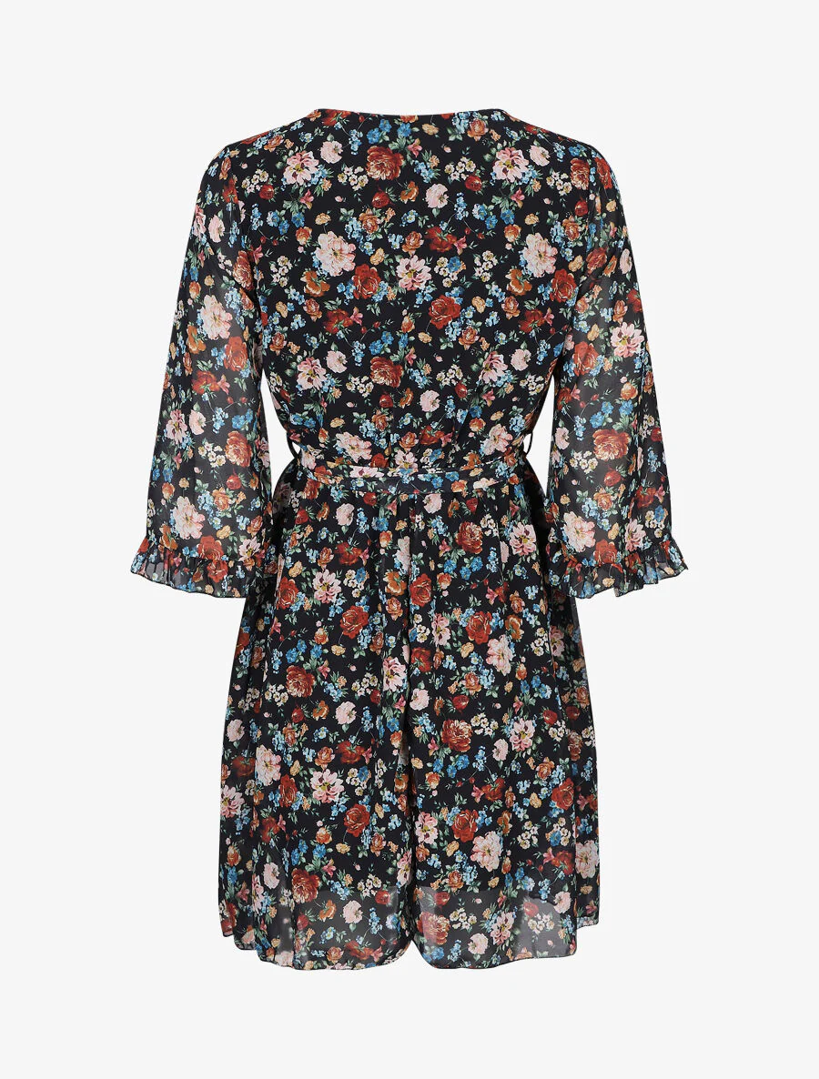 Robe cache-coeur à manches transparentes imprimé fleuri - Noir - Image 2