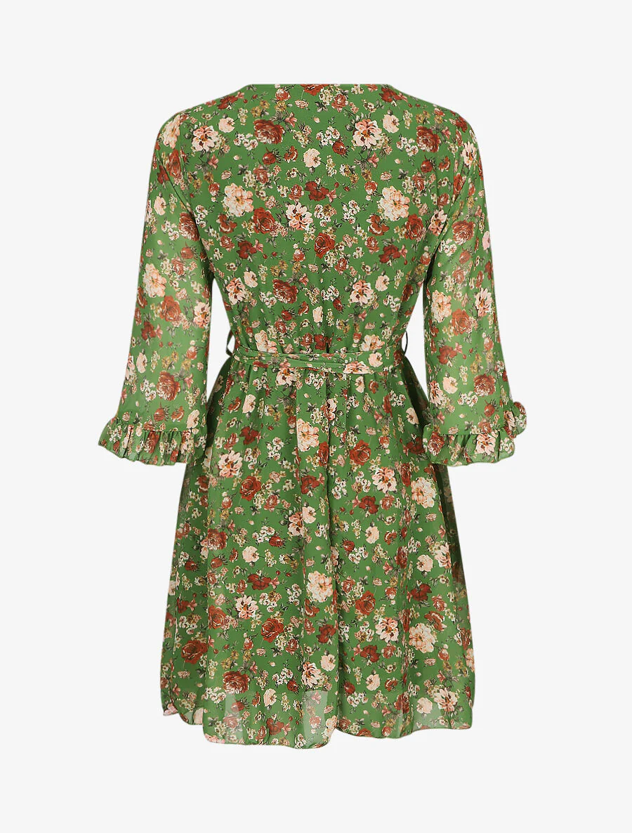 Robe cache-coeur à manches transparentes imprimé fleuri - Vert - Image 2