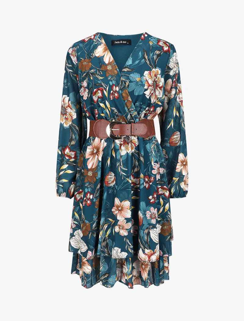 Robe cache-coeur à motif floral - Bleu canard