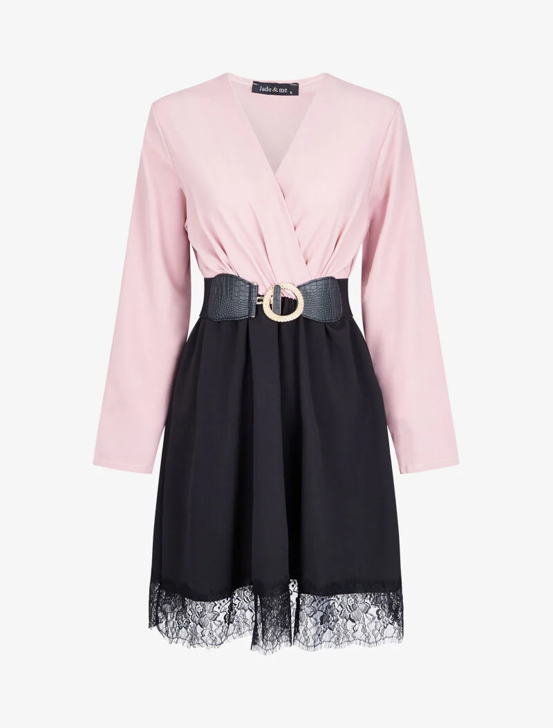Robe cache-coeur bicolore à bord en dentelle - Rose