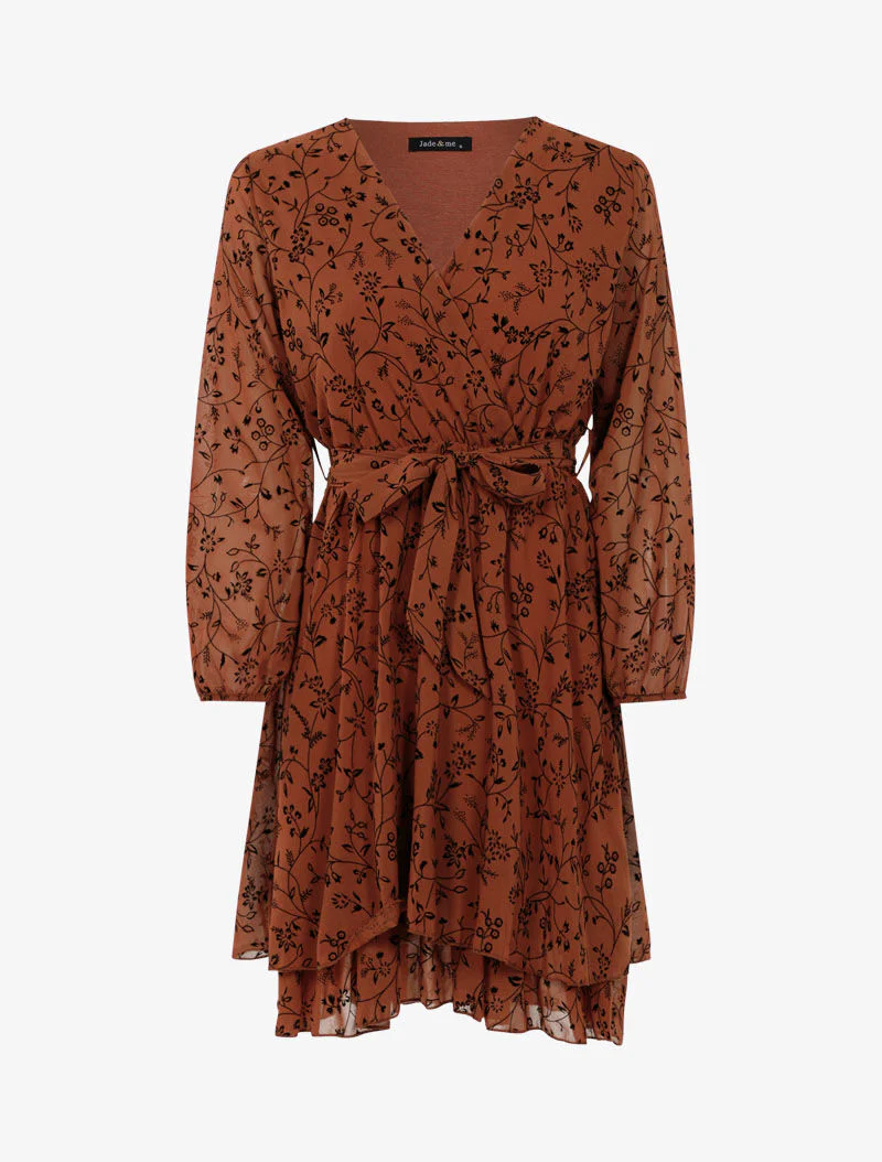 Robe cache-coeur en voile imprimé fleurs - ocre