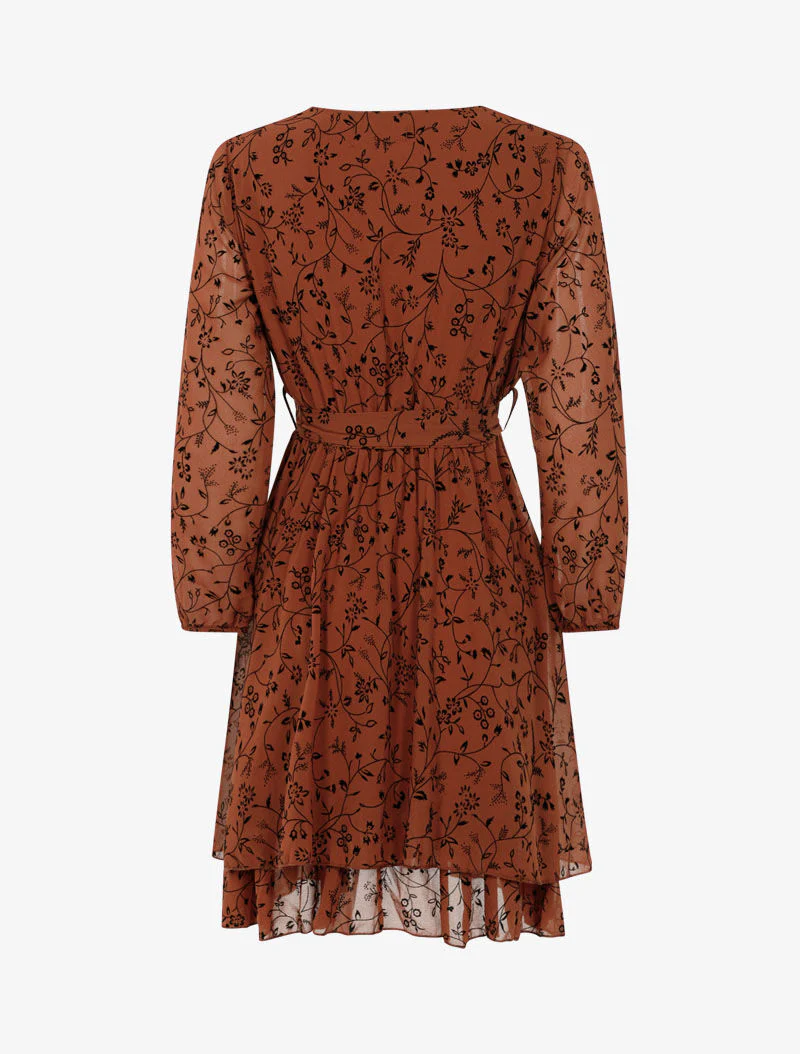 Robe cache-coeur en voile imprimé fleurs - ocre - Image 2